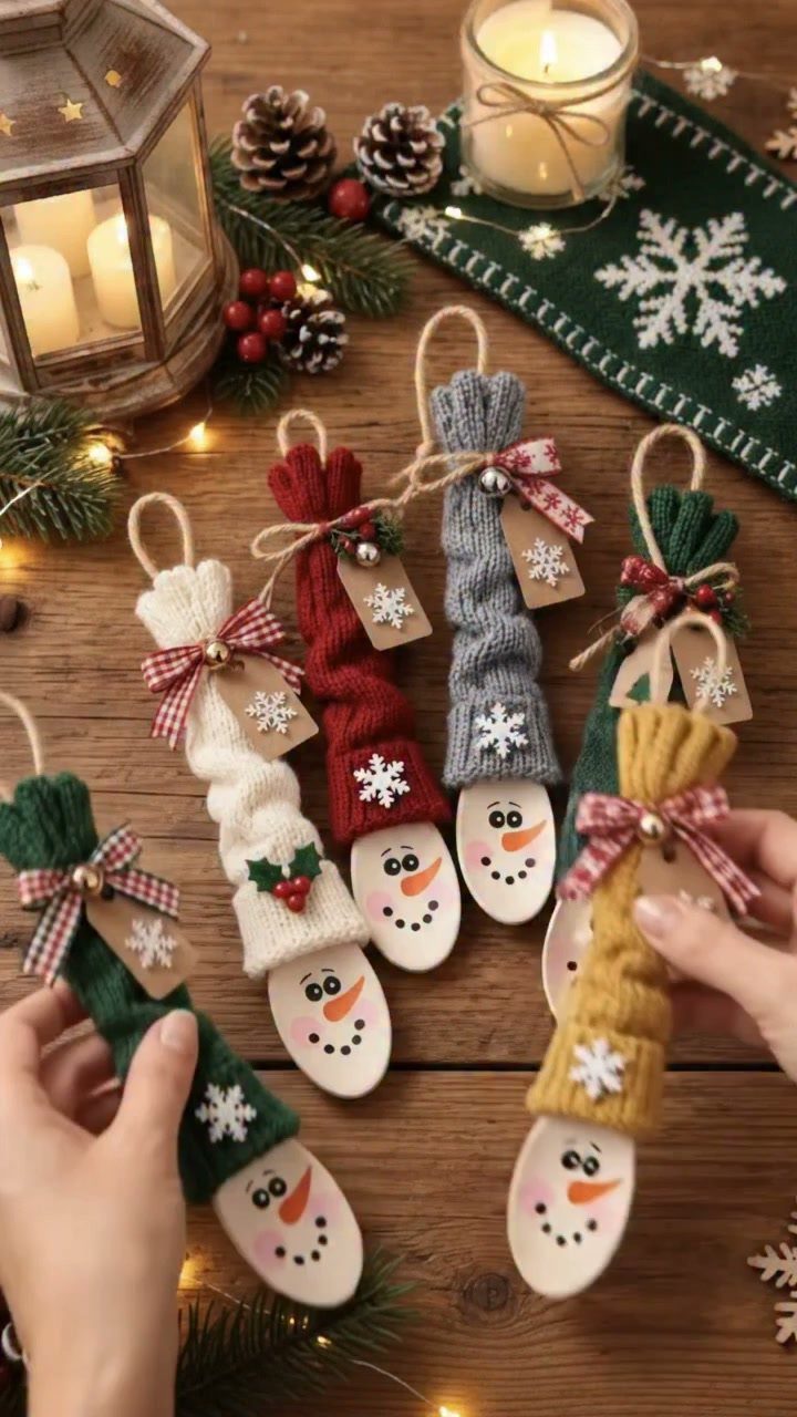Handmade snowman ornaments made from knitted socks and wooden discs on a wooden table.