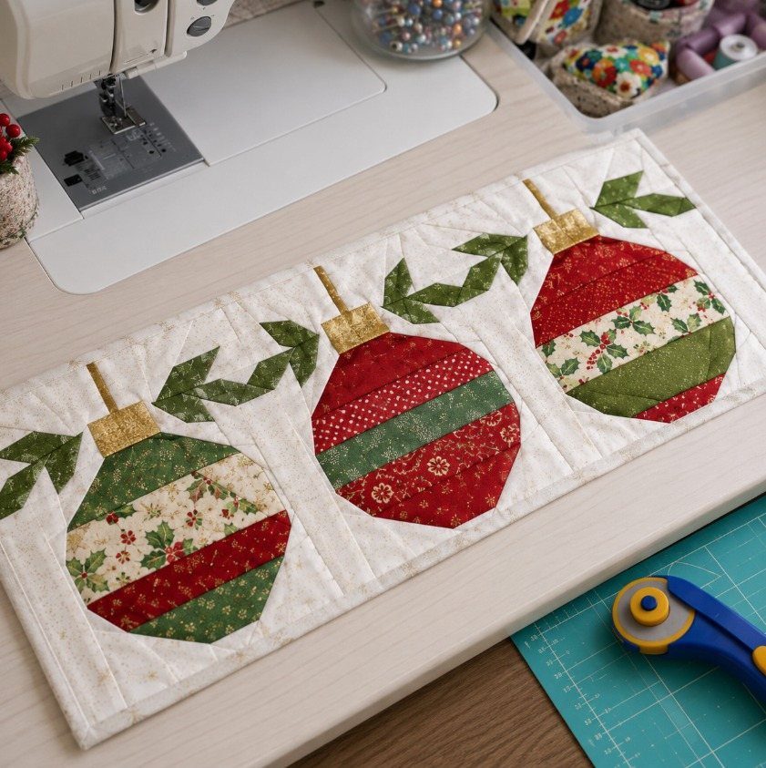 Quilted white table runner with red and green Christmas ornaments on a sewing table