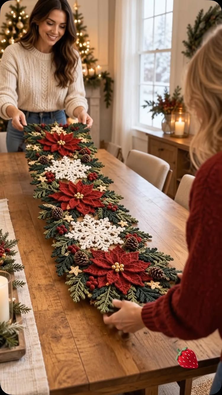 Quilted Christmas table runner with red poinsettias and white snowflakes on wooden table