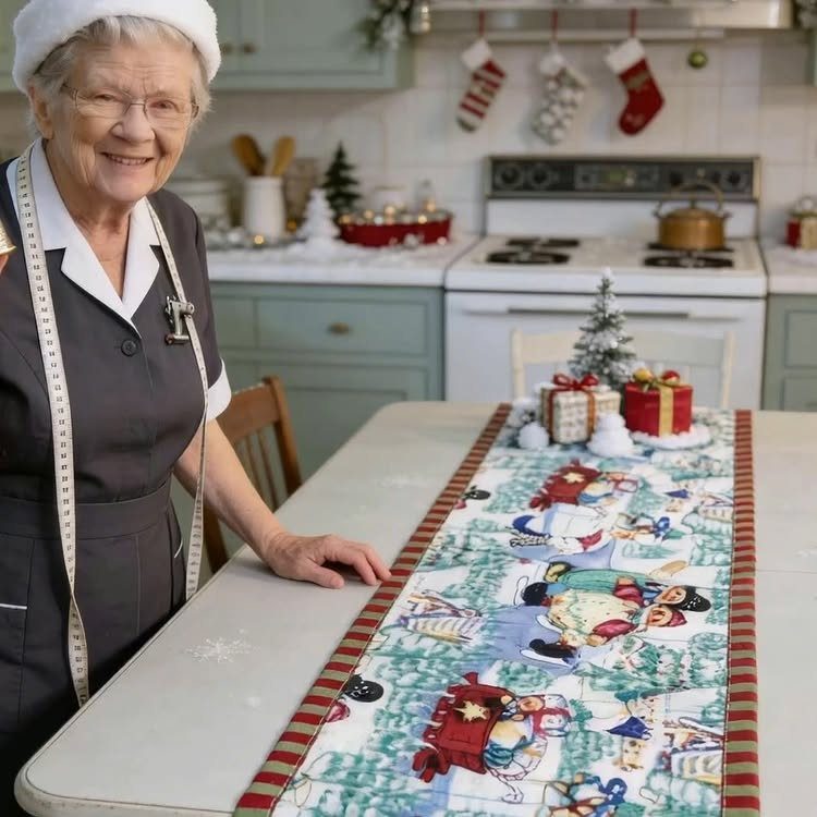 Elderly woman standing by a table with a festive quilted Christmas table runner.
