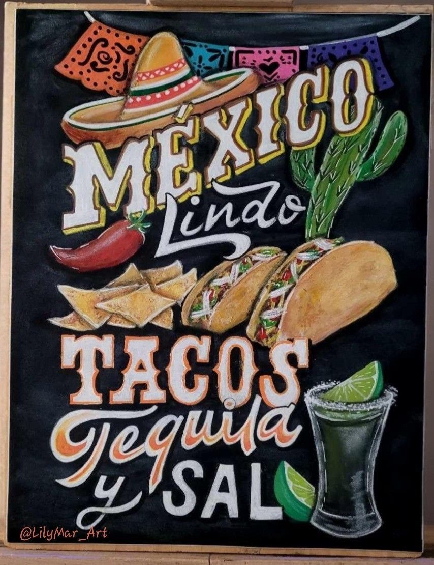 Chalk art featuring Mexican food, a sombrero, and tequila on a black background.
