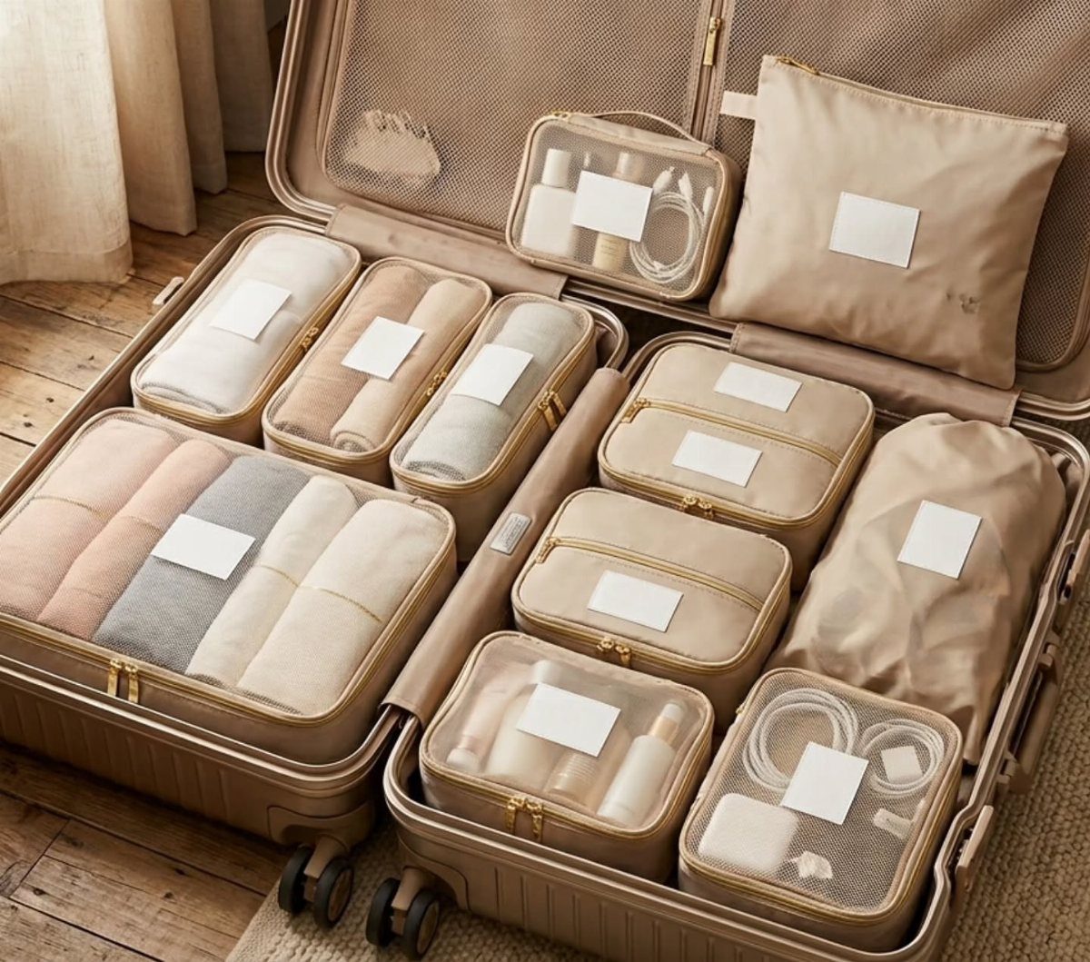 Beige suitcase packed with matching organizational cubes and toiletry pouches on wooden floor