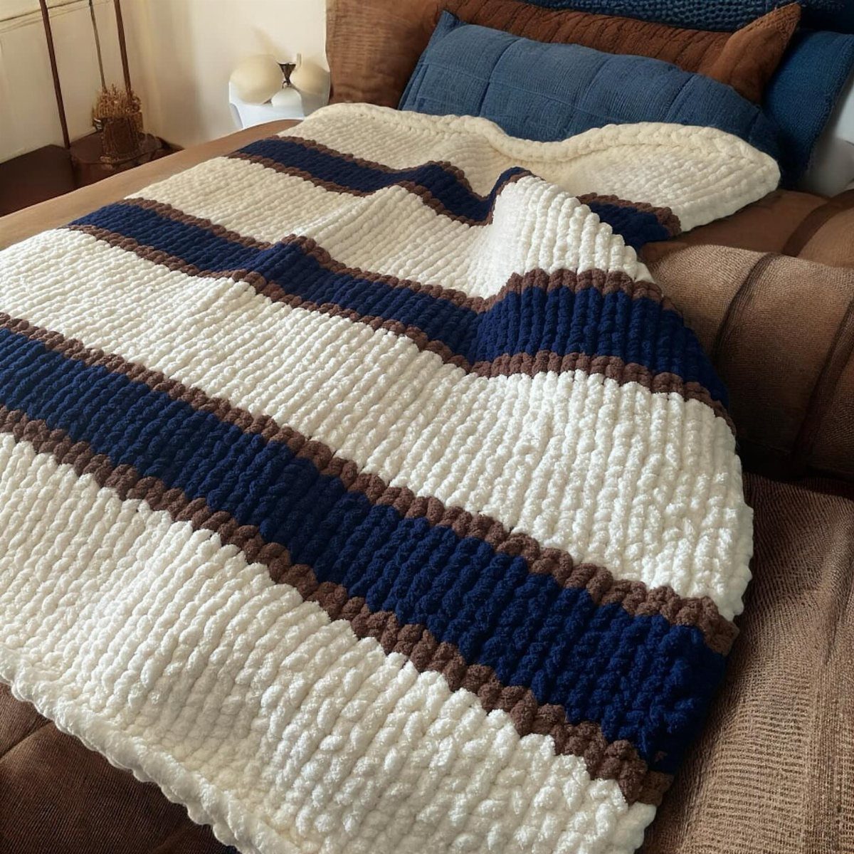 Chunky knit striped blanket in white, navy, and brown on a brown sofa.