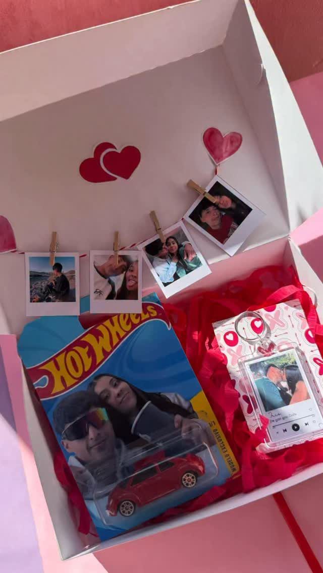 Custom Hot Wheels car package and polaroid photos inside a decorated gift box.