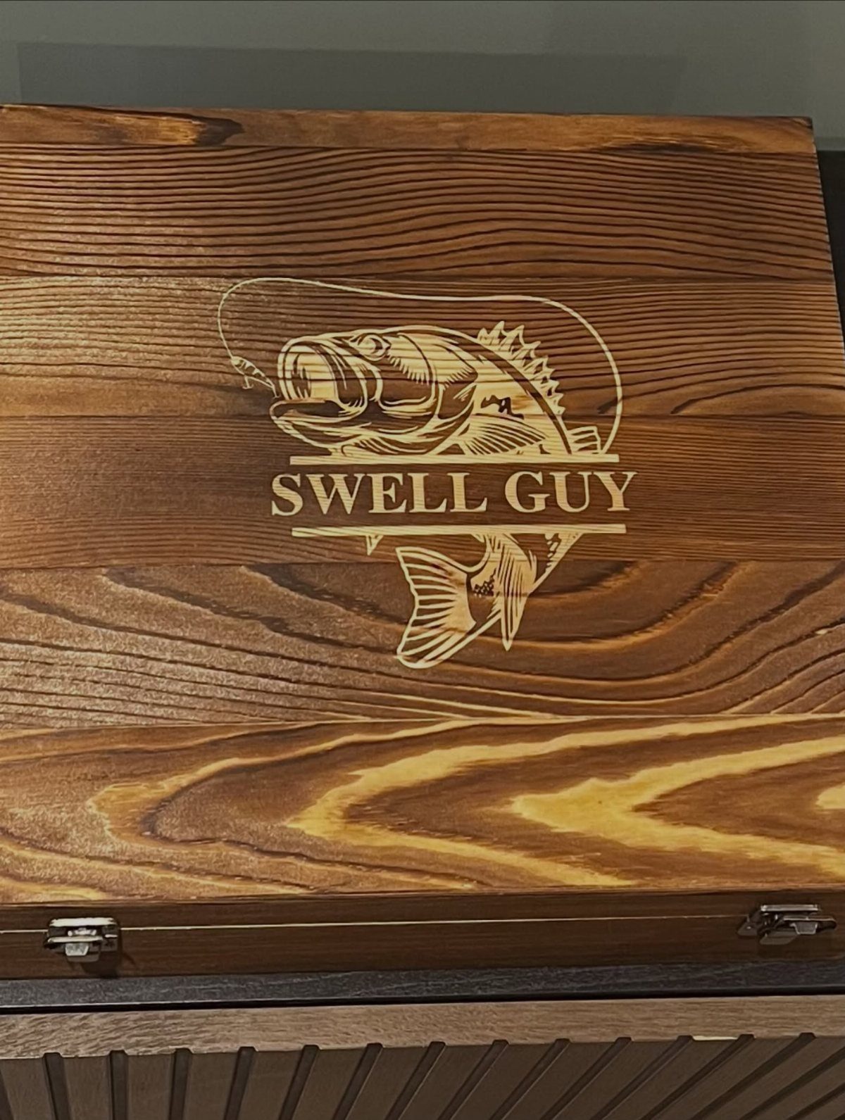 Wooden engraved box featuring a bass fish and the text SWELL GUY