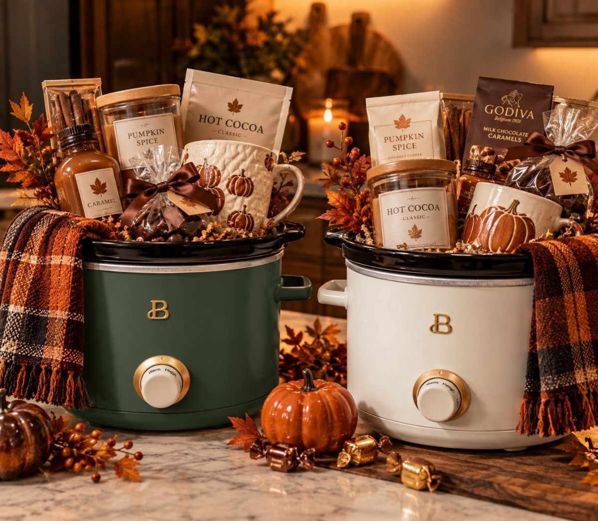 Two slow cookers filled with autumn treats, mugs, and blankets on a marble counter.