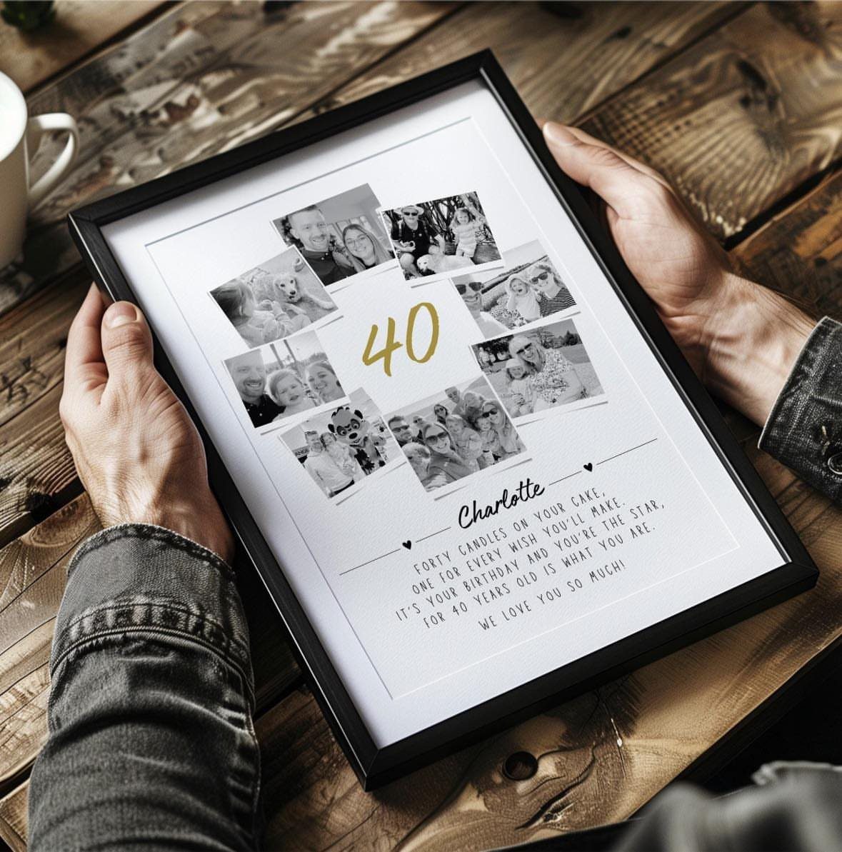 Framed custom photo collage gift for a 40th birthday held over wooden table