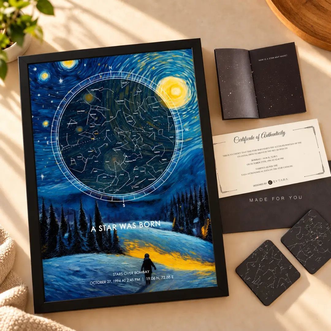 Framed custom star map print with a snowy landscape and accompanying gift accessories.
