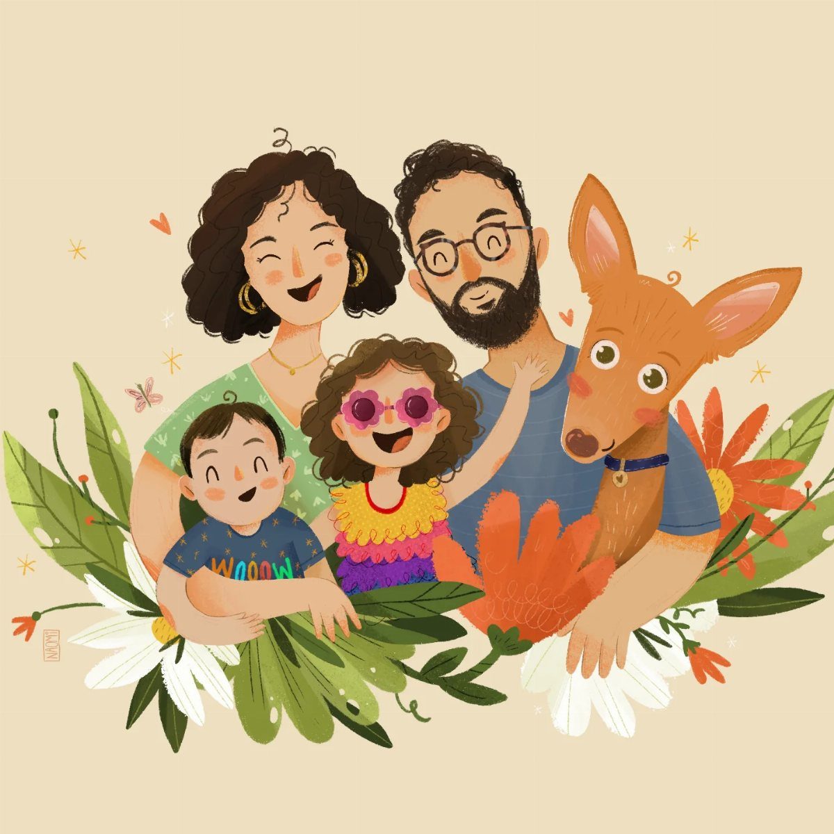 Stylized family portrait illustration featuring parents, two children, and a dog with flowers.