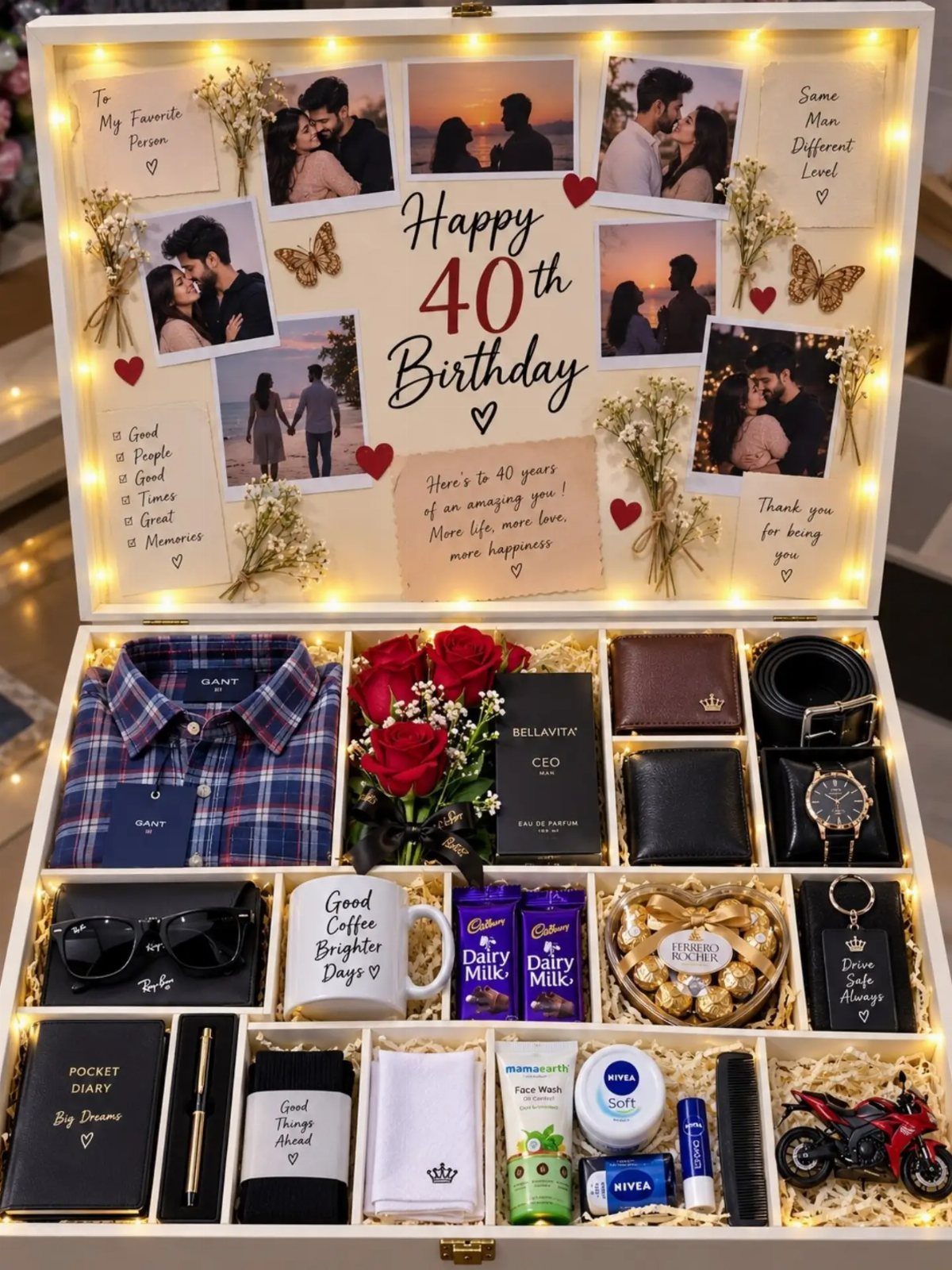 Custom 40th birthday gift box for men with photos, clothing, and accessories.