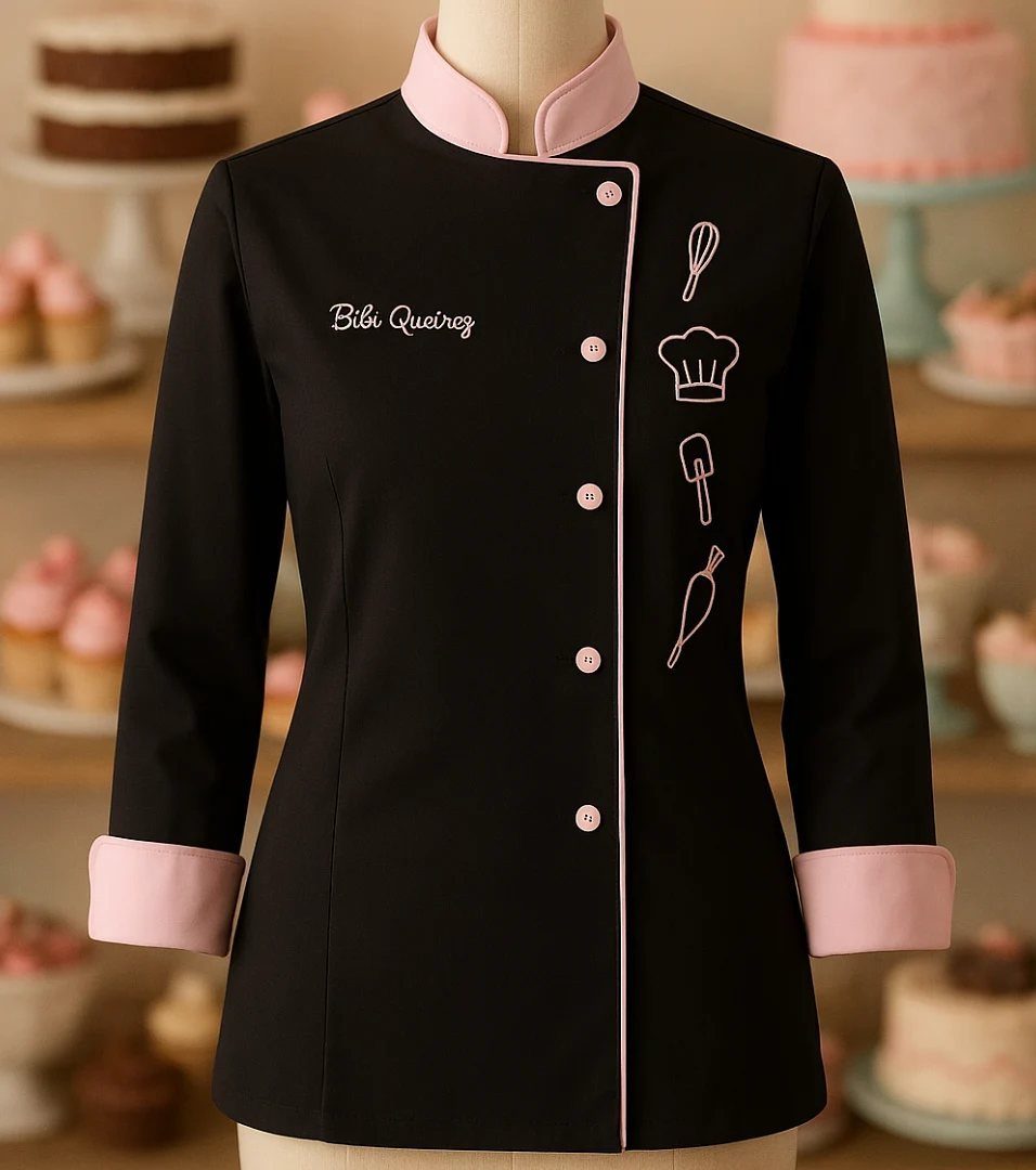 Black chef's jacket with pink trim and white embroidery on a mannequin