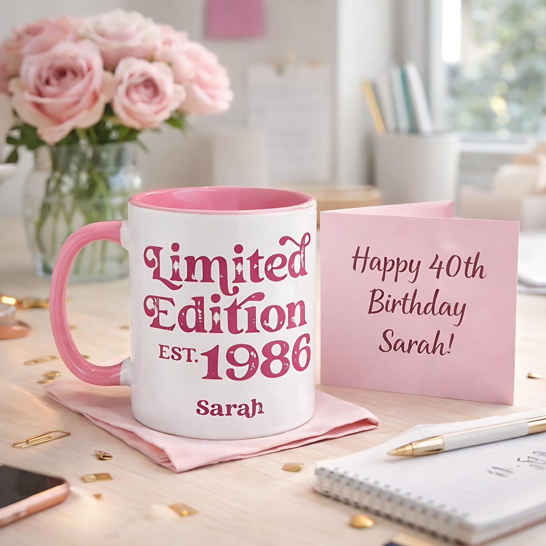 Personalized white and pink mug with Limited Edition 1986 text and Sarah's name.