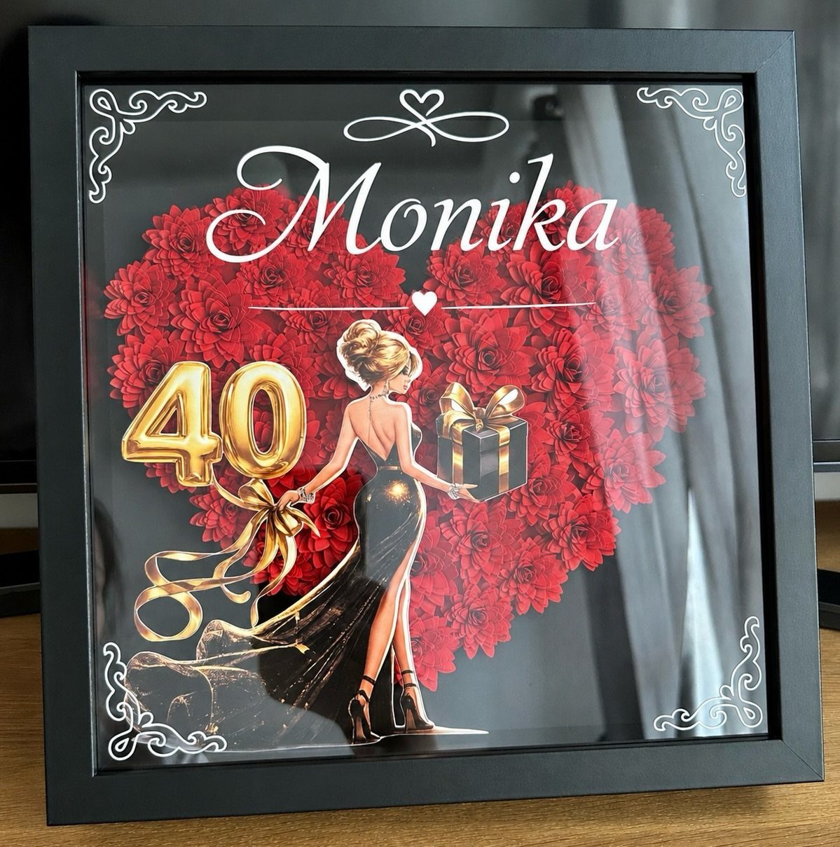 Framed personalized wall art for Monika's 40th birthday with red roses and gold balloons.