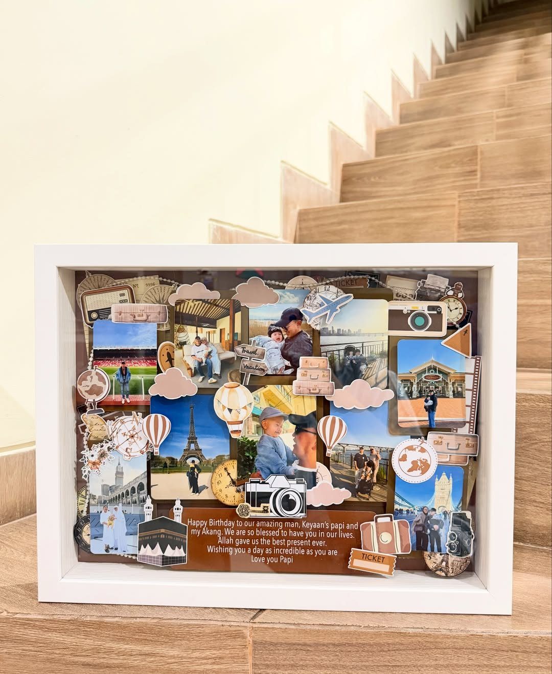 Shadow box photo frame album with travel cutouts and a birthday message.