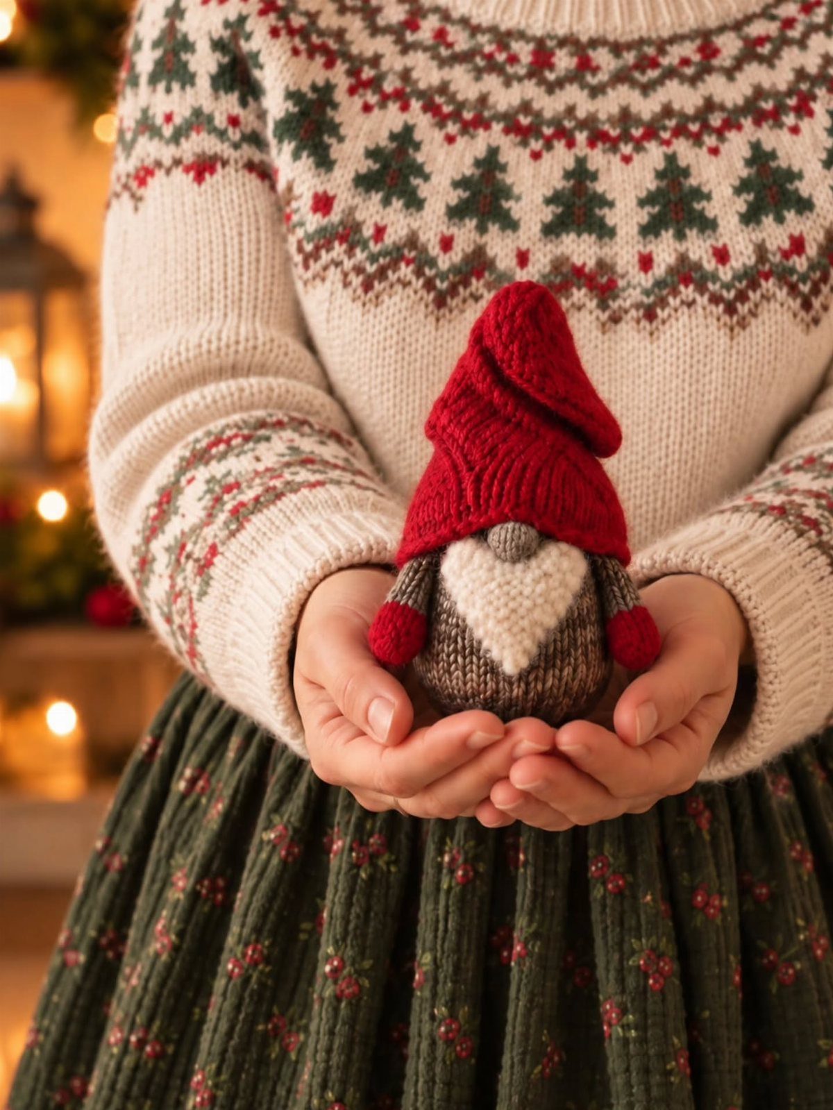 Knitted gnome with a red hat held in hands by person in festive sweater