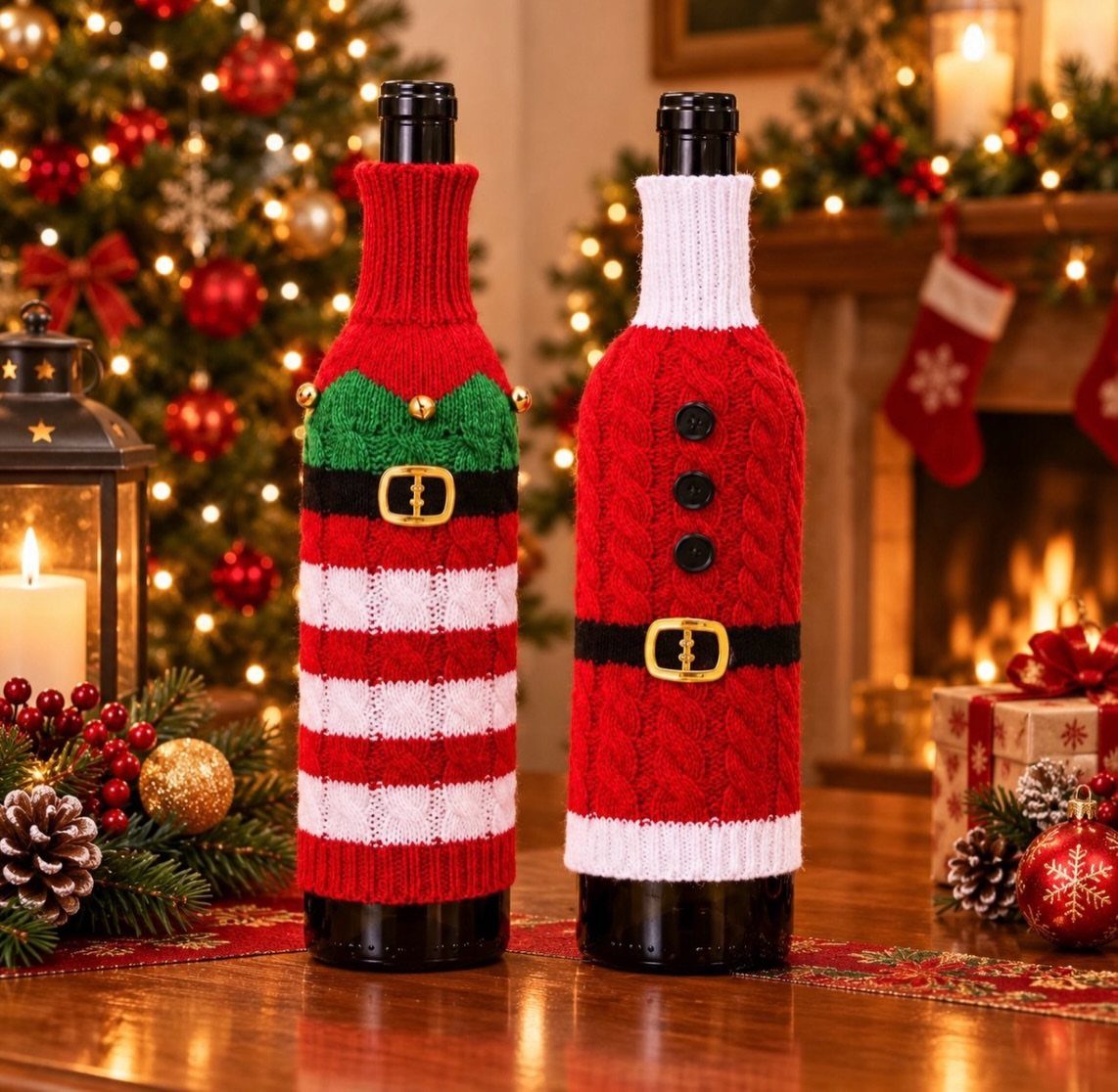 Two wine bottles in knitted Santa and elf sweater sleeves on a festive table.