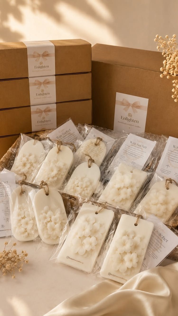 White floral wax tablets in clear packaging next to brown cardboard gift boxes.