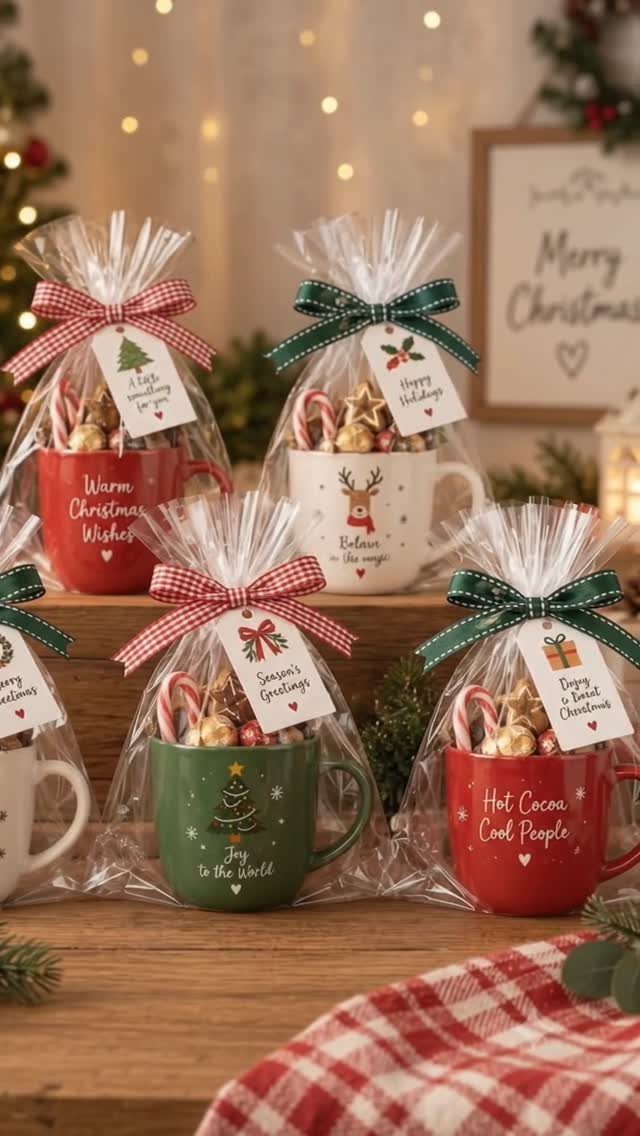 Festive Christmas mugs filled with treats, wrapped in cellophane with decorative bows.