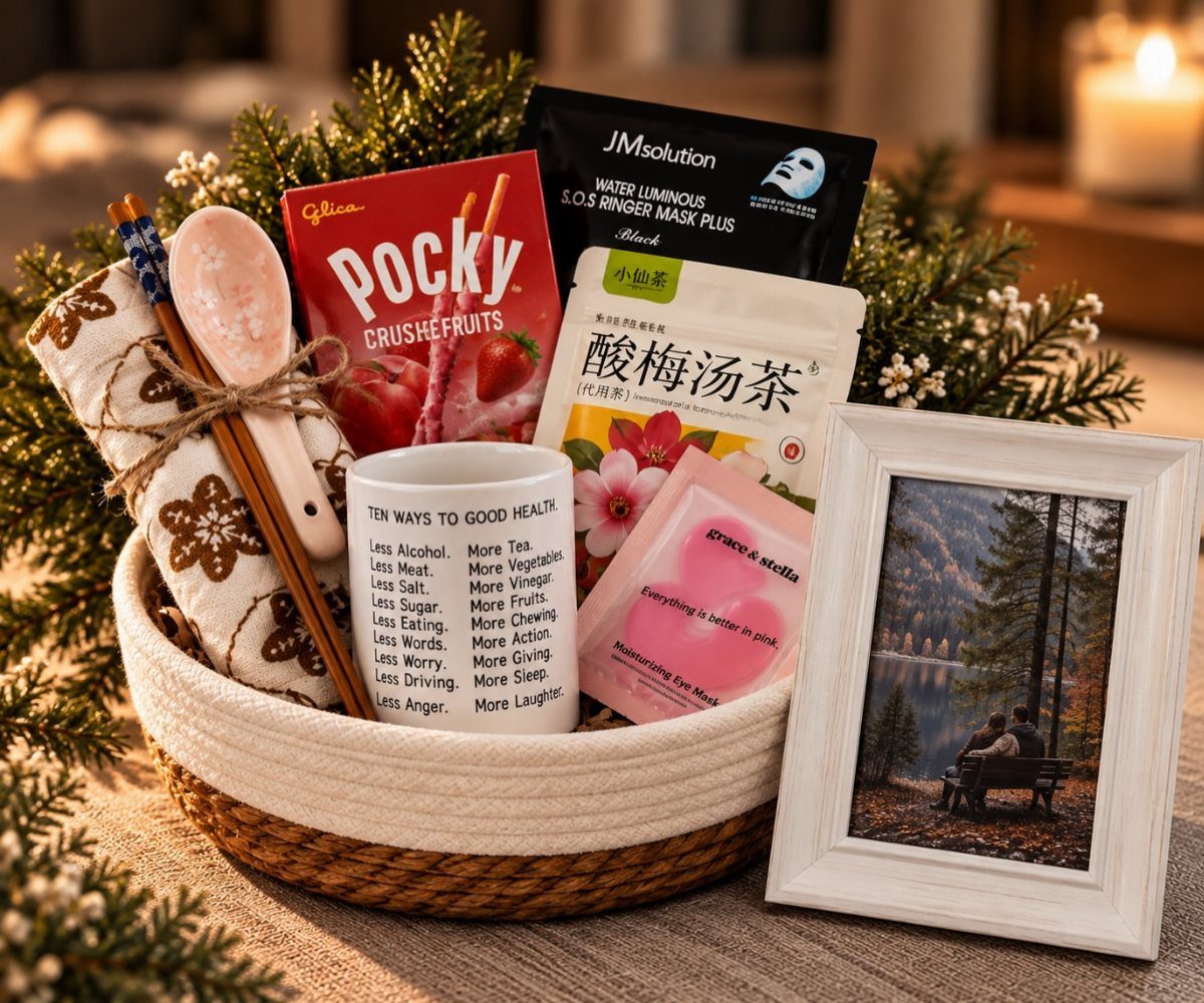 Woven gift basket filled with snacks, skincare, and a mug next to a photo frame.