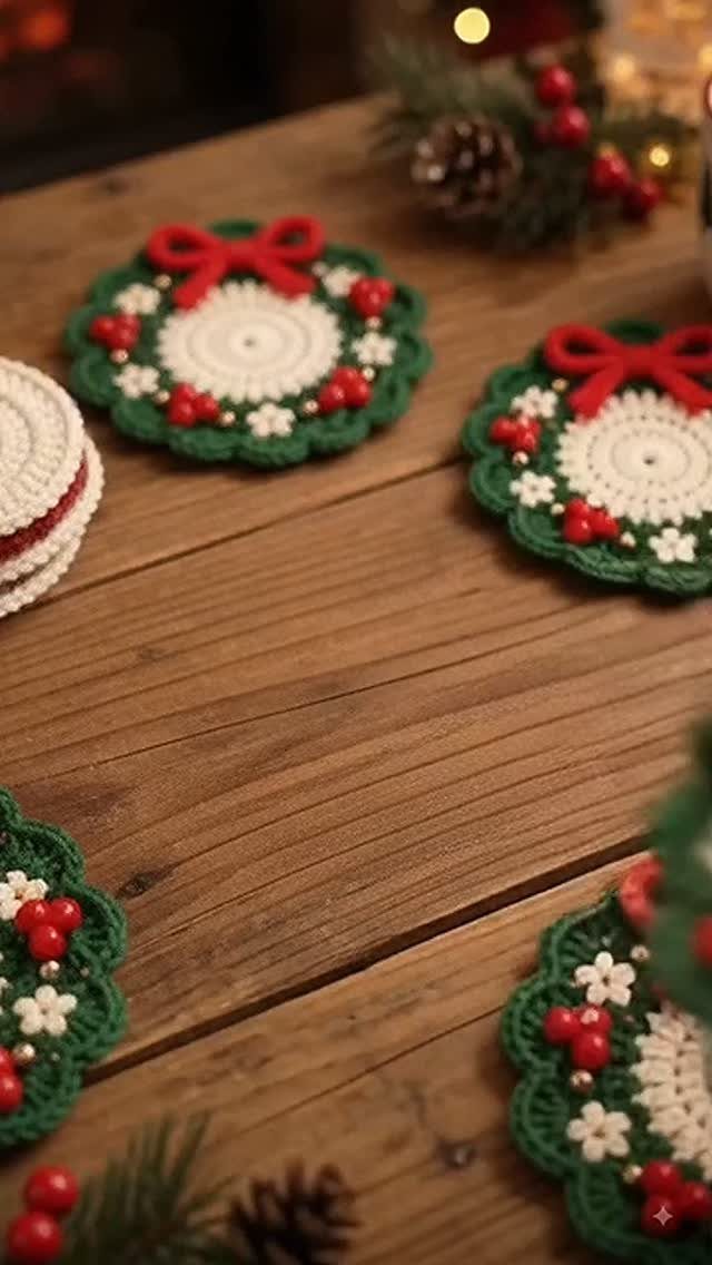 Crocheted Christmas wreath coasters with red bows on a rustic wooden table.