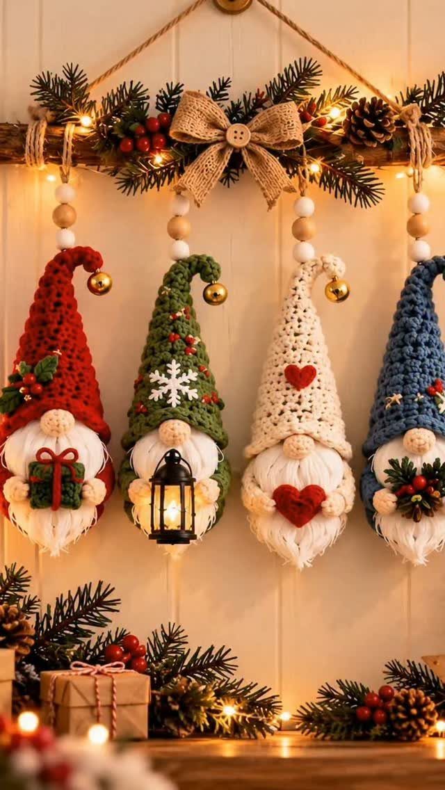 Four crocheted gnome ornaments hanging from a festive branch with pine and lights.