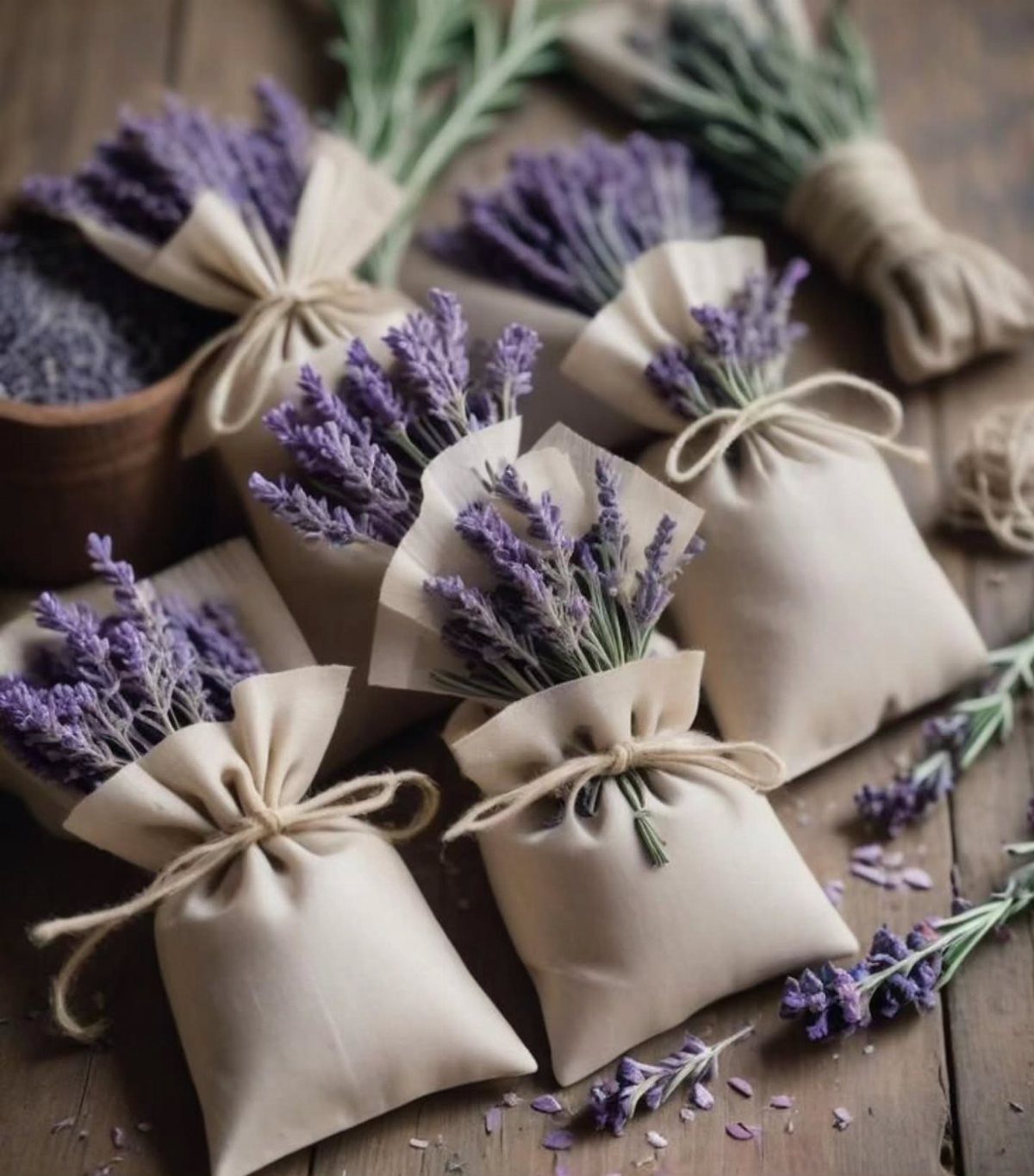 Beige fabric drawstring sachets filled with purple lavender sprigs on a wooden table.