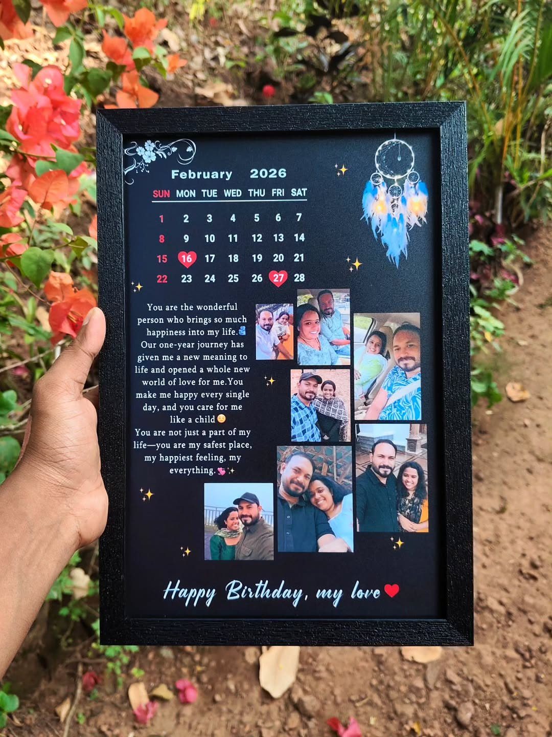 Black framed birthday gift featuring a calendar, romantic text, and couple photos.