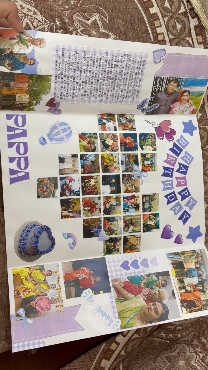 Handmade birthday card for Pappa with photos, handwritten notes, and purple decorations.