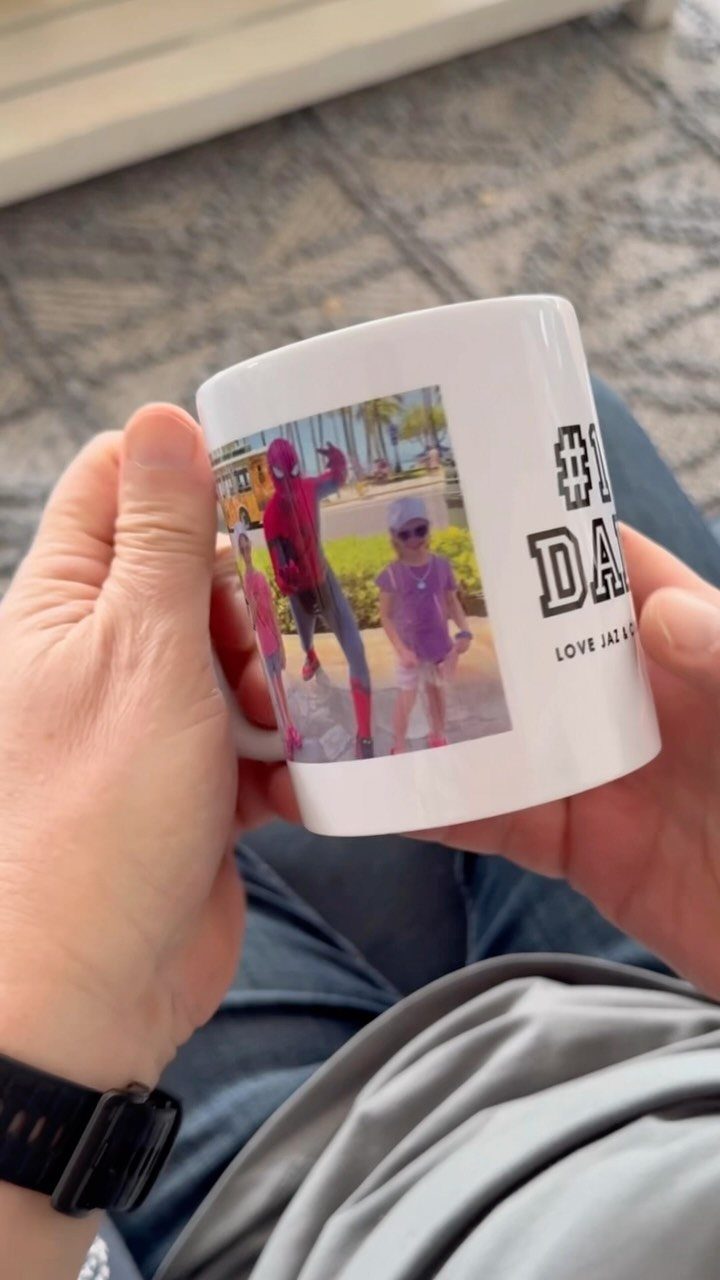White ceramic mug with a photo of children and #1 Dad text.