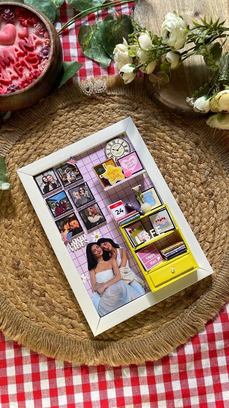 Handmade 3D shadow box gift featuring miniature furniture and photos of friends.