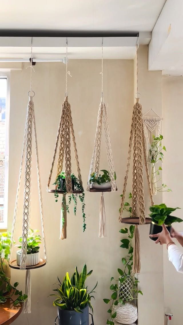 Macrame plant hangers holding green potted plants hanging against a plain white wall.