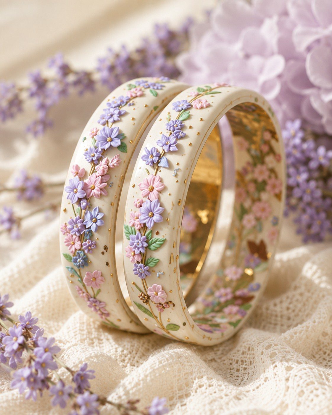 Cream-colored bangles with painted 3D purple and pink flowers on lace fabric.