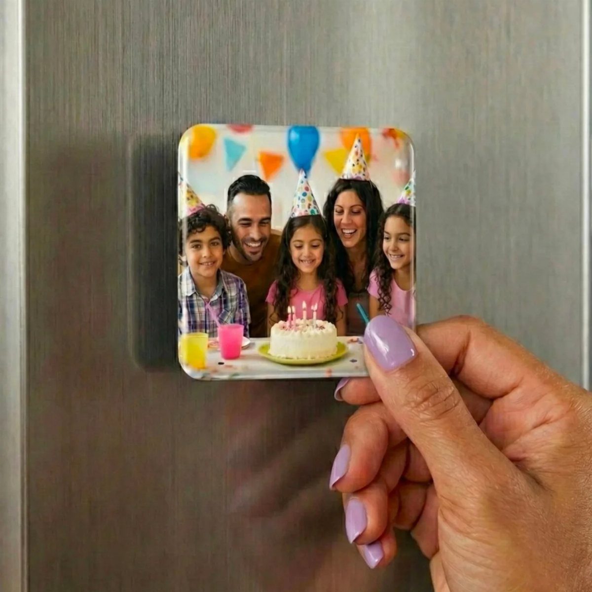 Square photo magnet of a family celebrating a birthday on a metal refrigerator