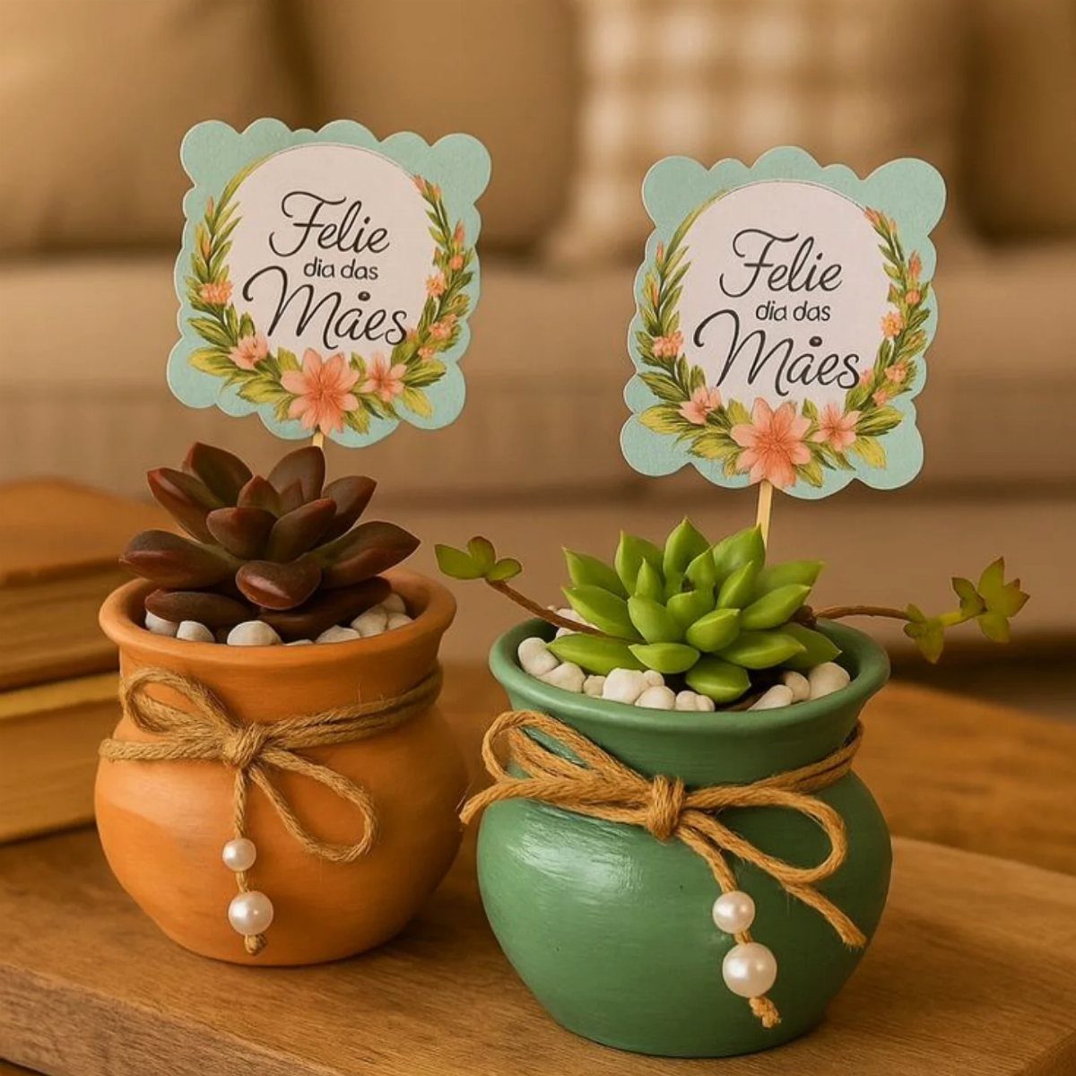 Two succulent plants in twine-wrapped pots with Mother's Day cards in Portuguese.