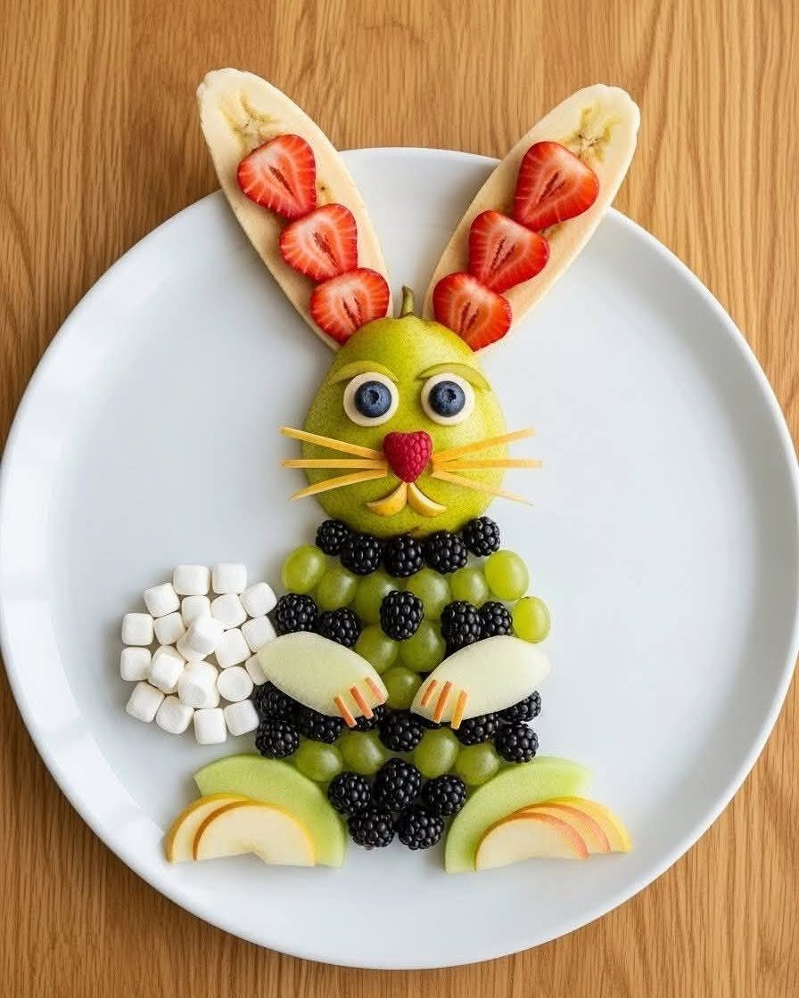 Bunny shaped fruit tray made of apple, grapes, berries, and banana on white plate