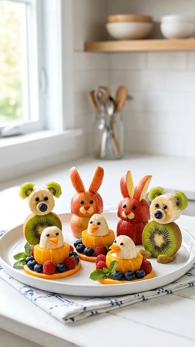 Fruit sculptures of bunnies and bears made from apples, kiwi, and berries on a plate.