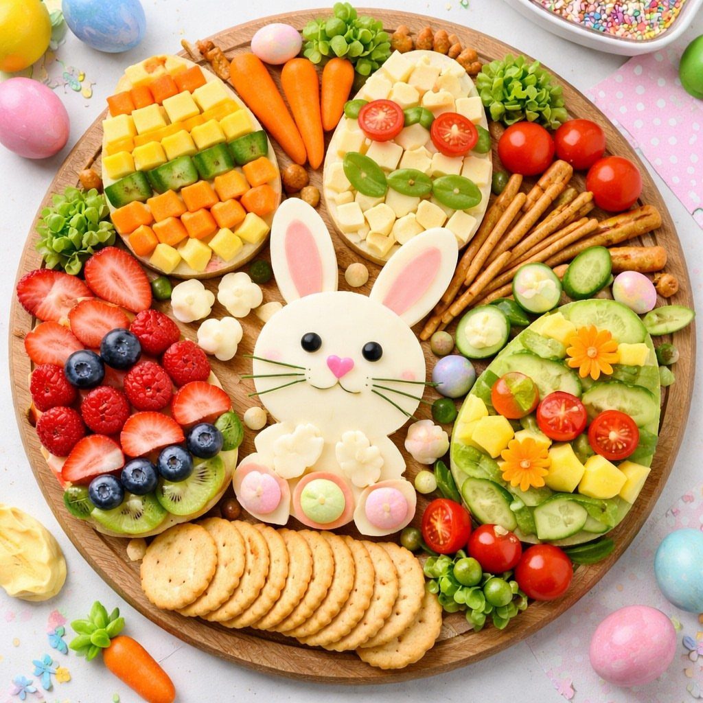 Bunny-shaped cheese board surrounded by egg-shaped fruit and vegetable arrangements on wood.