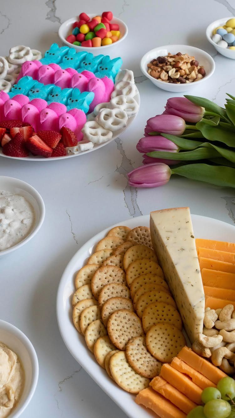Savory cheese platter and sweet chocolate bunny board with pink tulips on marble.