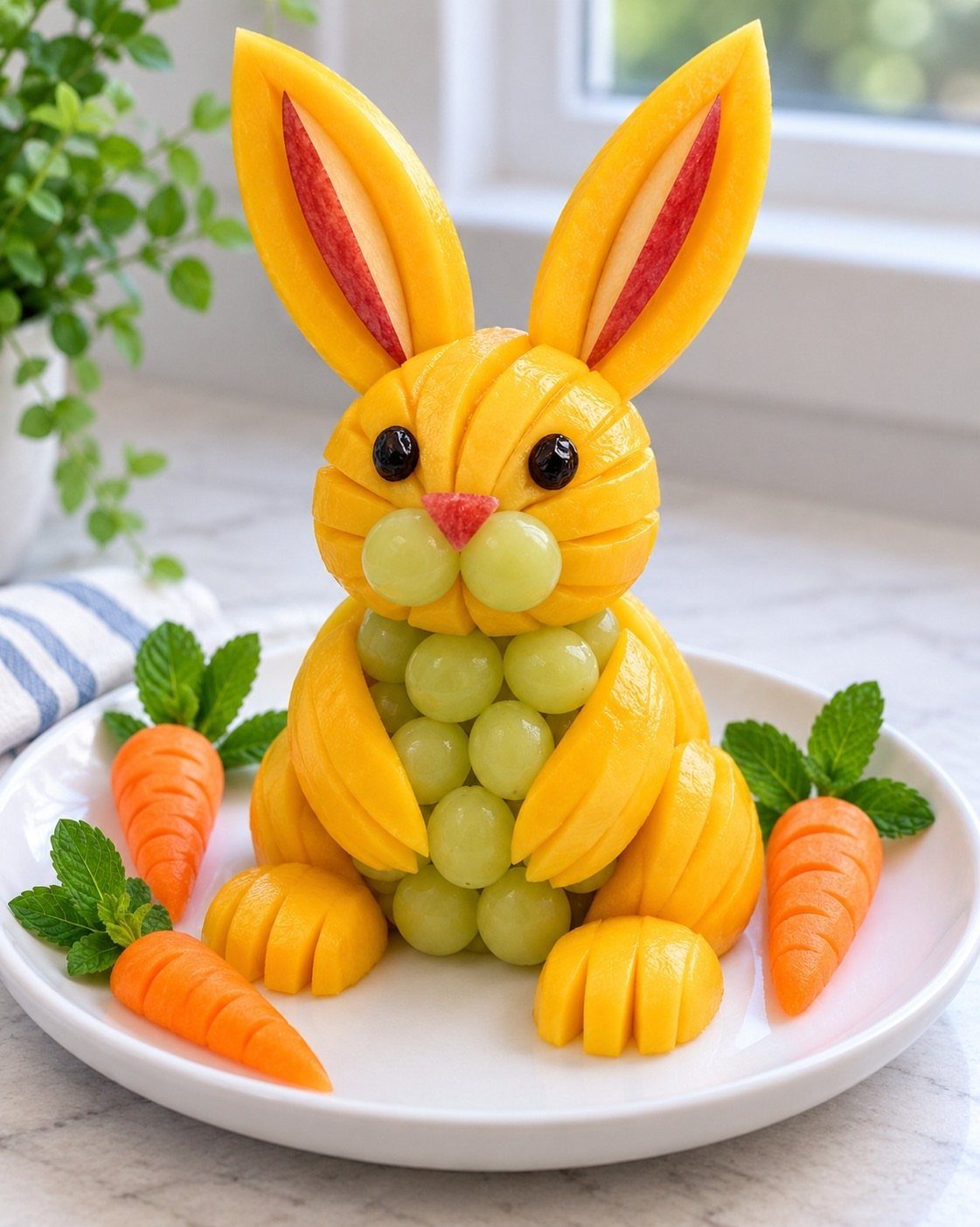 Mango and grape fruit sculpture shaped like a bunny on a white plate.