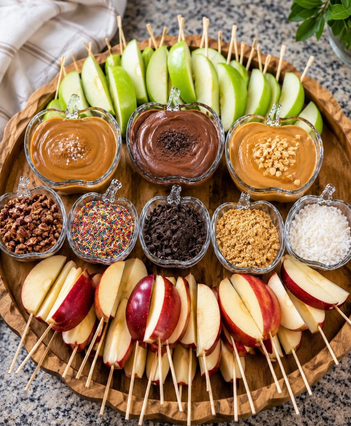 Apple slices on skewers surrounding bowls of sweet dips and toppings on a platter