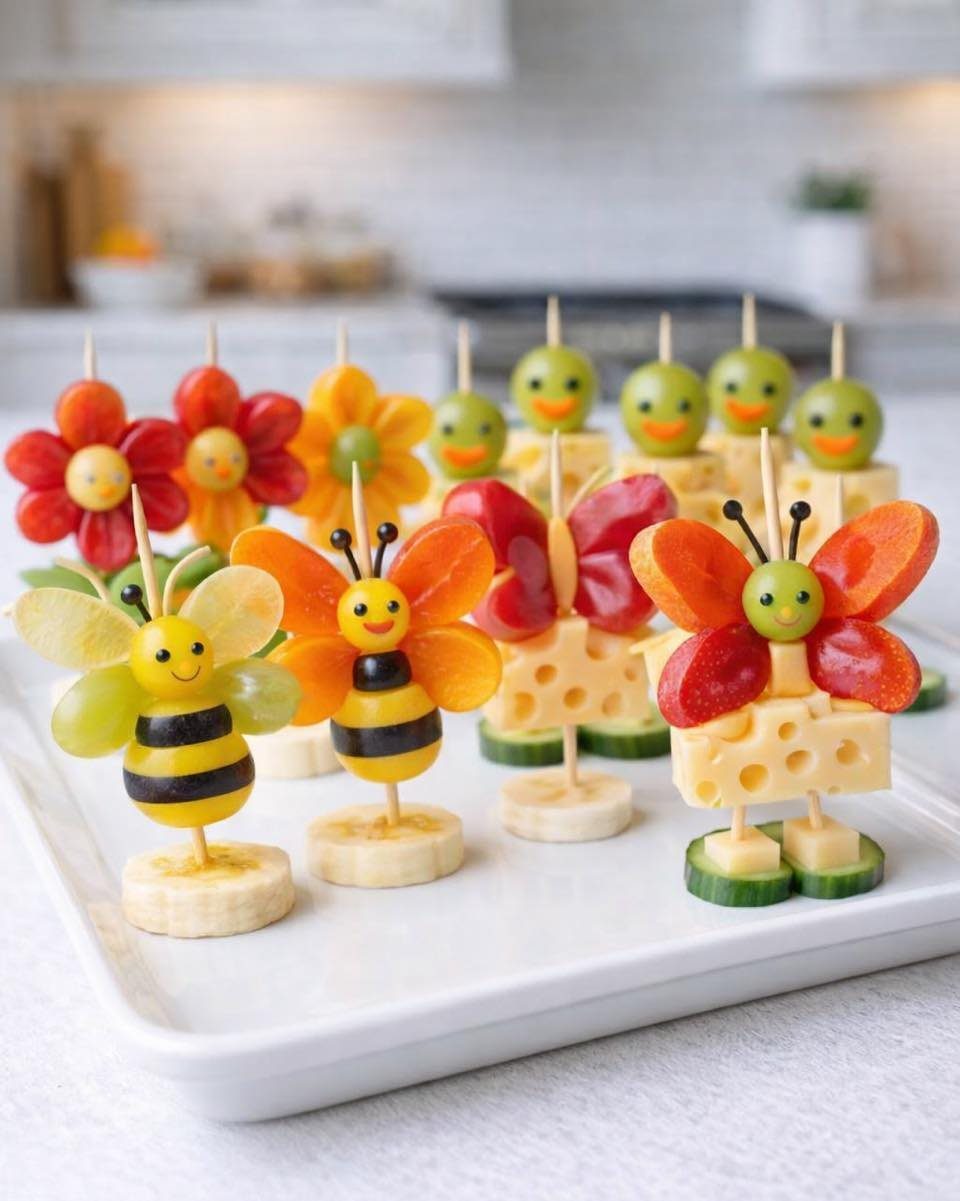 Fruit and cheese snacks shaped like bees and butterflies on a white platter.