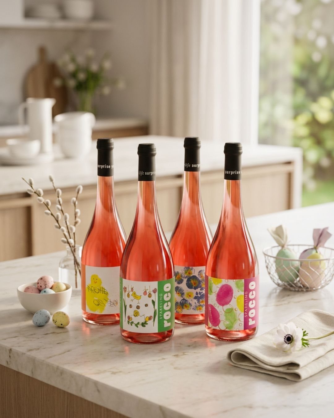 Four rosé wine bottles with colorful Easter bunny labels on a marble counter.