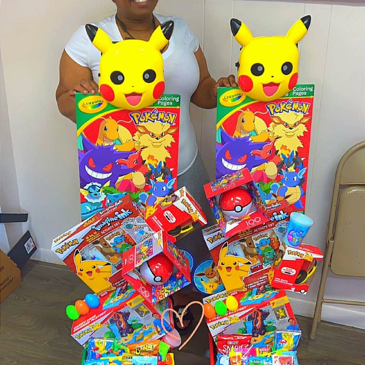 Pokémon themed gift baskets with Pikachu plushies and coloring books for a boyfriend
