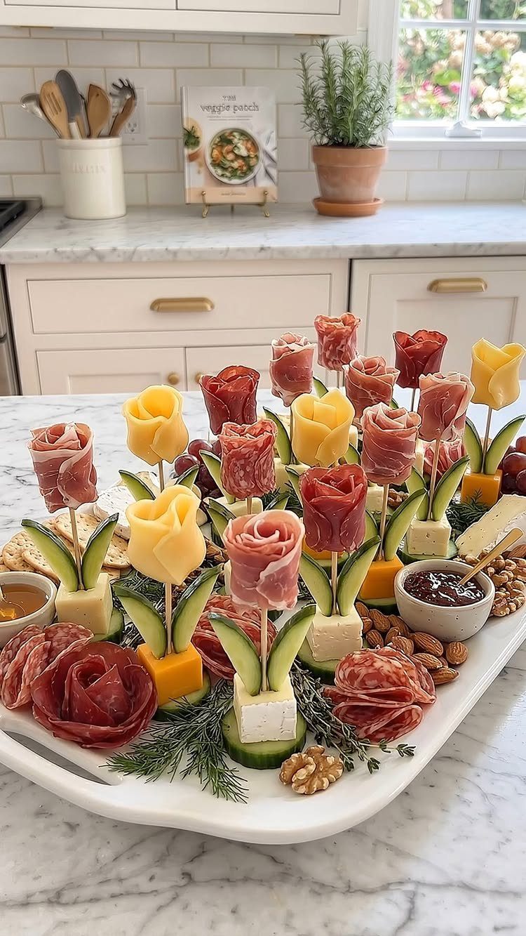 Charcuterie platter with salami and cheese rolled into flower shapes on a counter.