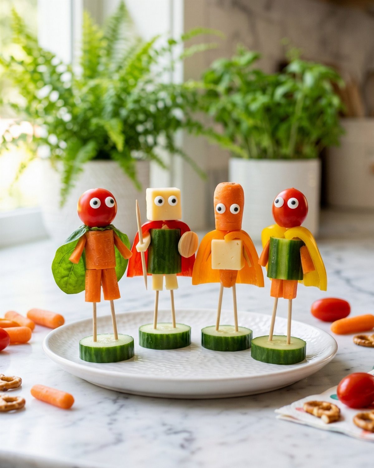 Vegetable figures made from tomatoes, carrots, and cucumbers on a white plate.