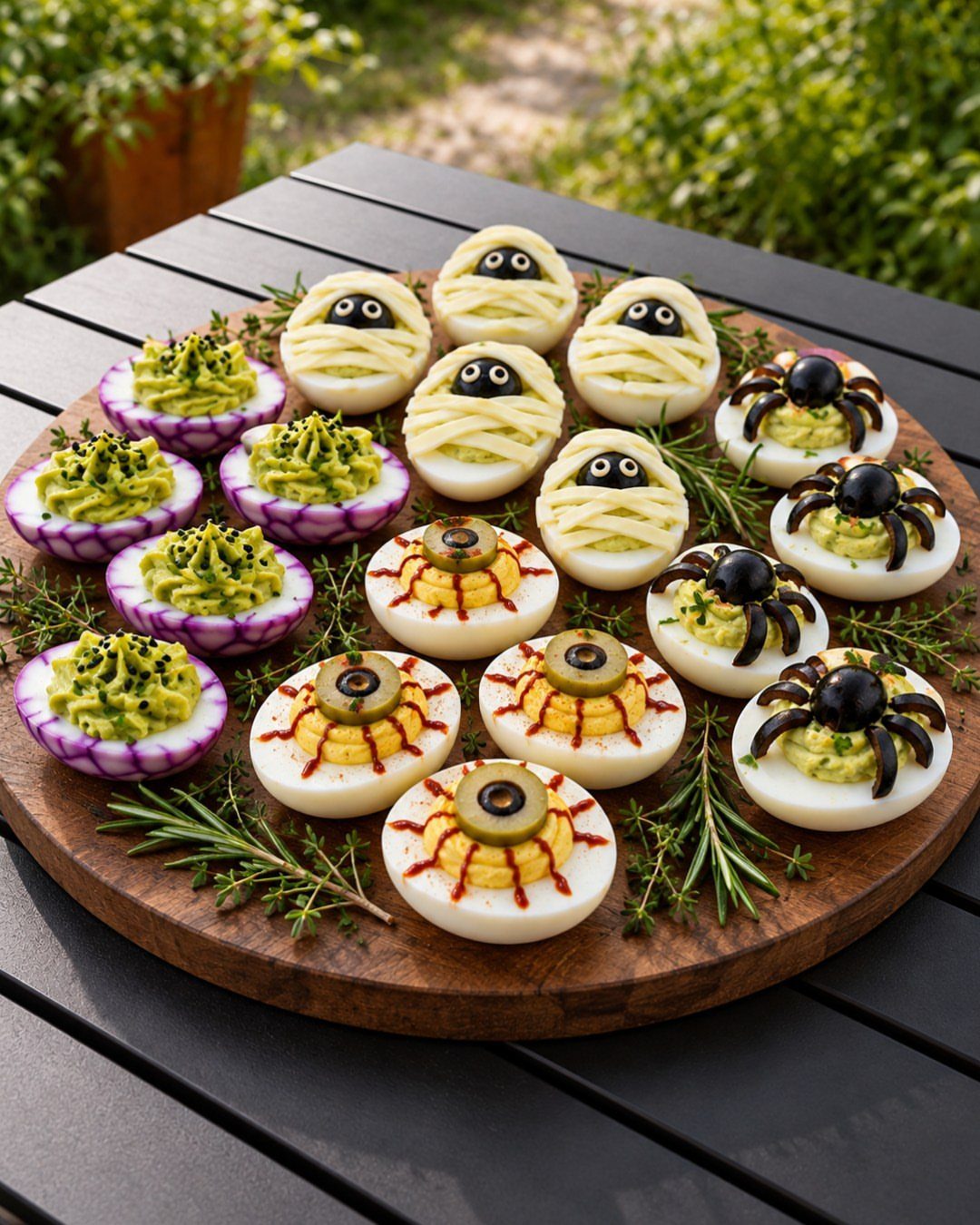 Deviled eggs on a wooden platter decorated as spiders, mummies, and eyeballs.