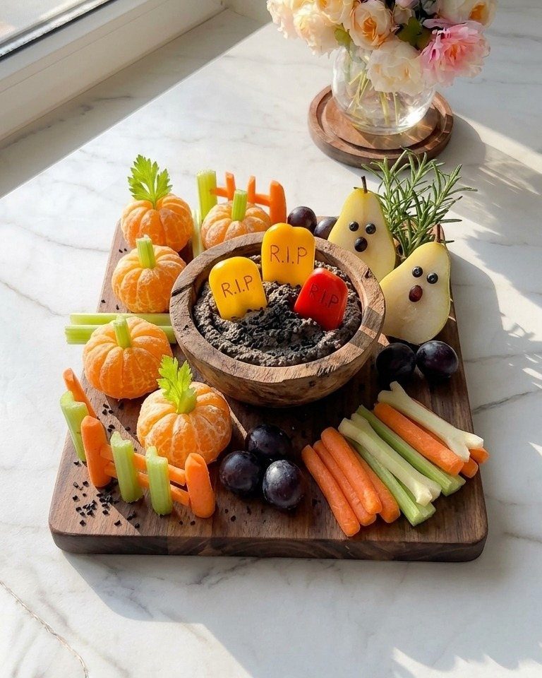 Halloween veggie tray with pumpkin-shaped oranges, tombstone crackers, and fresh vegetable sticks.