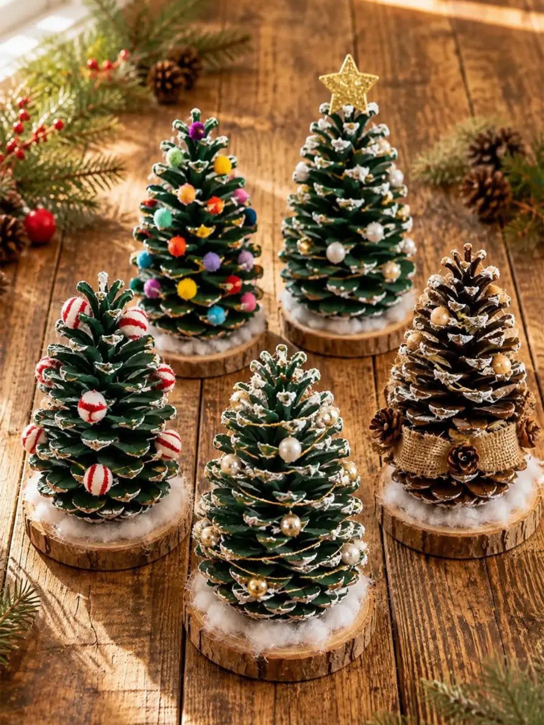 Miniature Christmas trees made from decorated pinecones on wooden slices on a rustic table