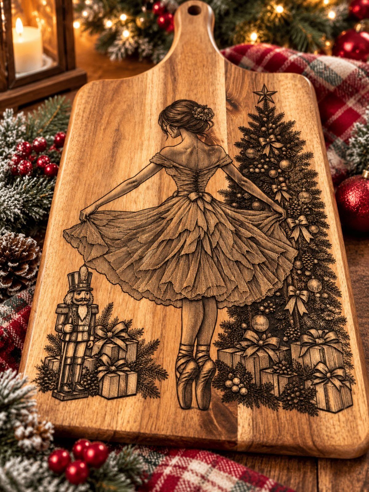 Engraved wooden cutting board featuring a ballerina and Christmas scene on a festive table