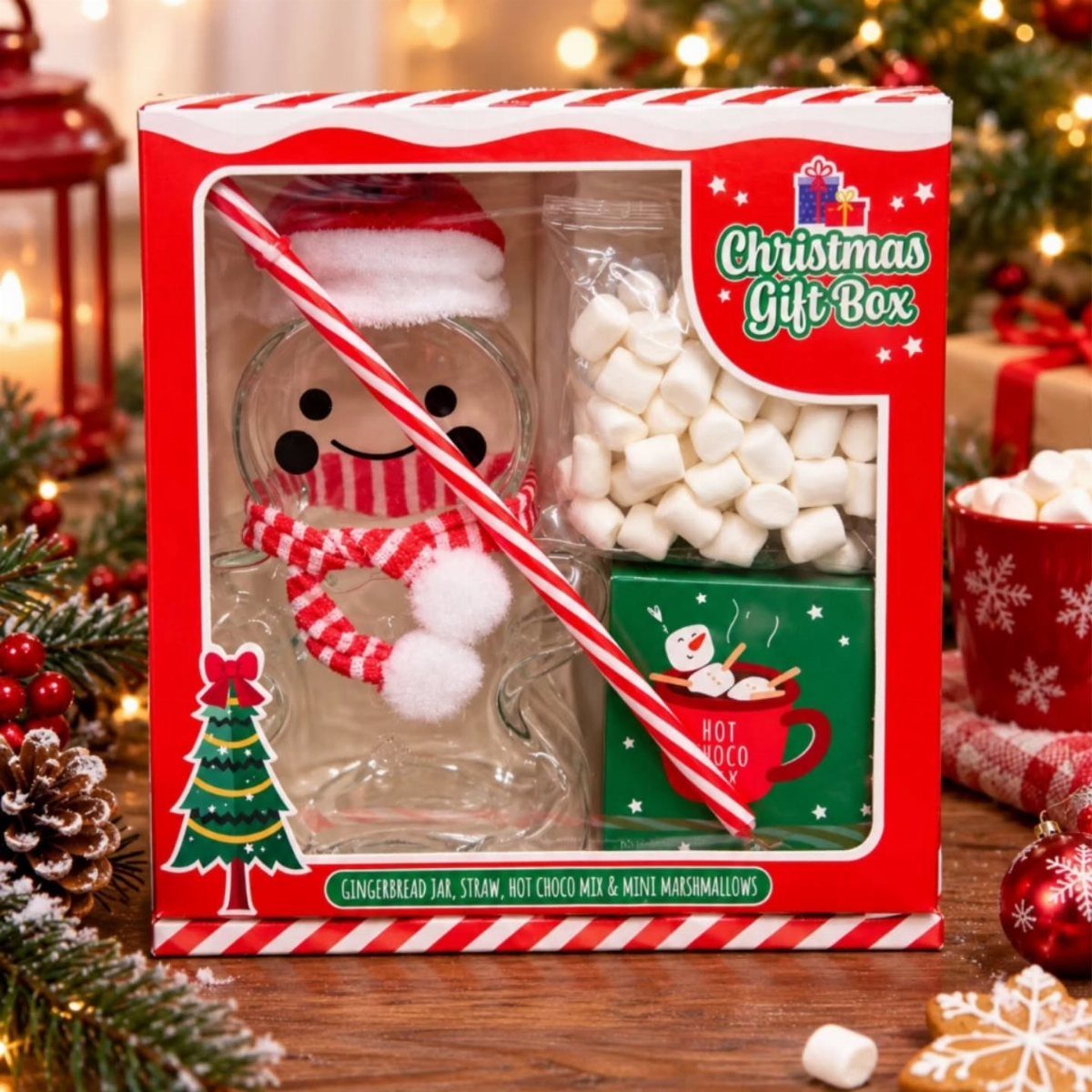 Hot cocoa gift kit in a red box with snowman jar and marshmallows